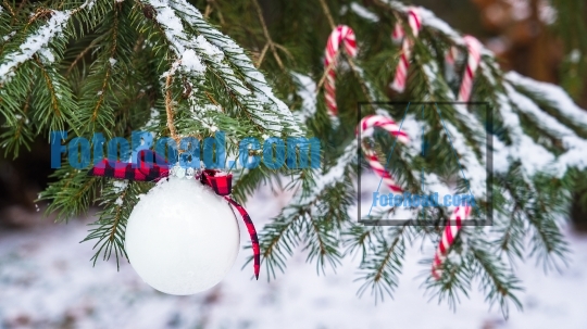 Christmas ball with candy decoration outdoor on tree with snow