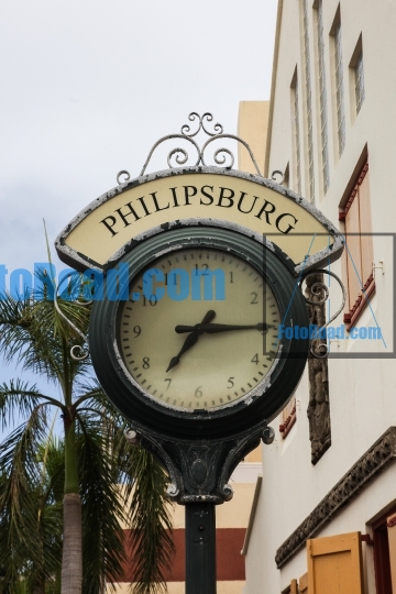 Clock from Shopping area on Back Street in Philipsburg