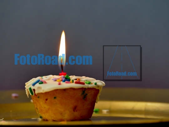 Cup cake with a candle on dark background