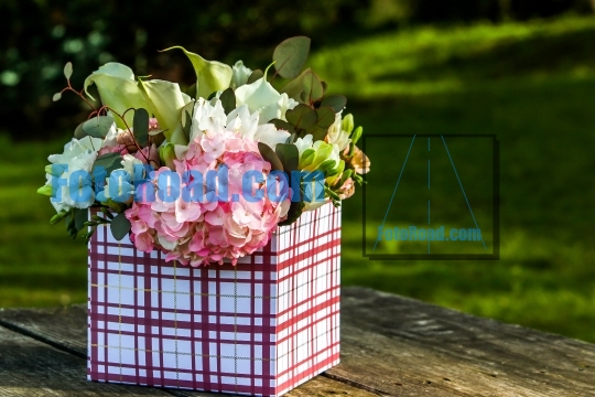 Flowers in gift box outside on table