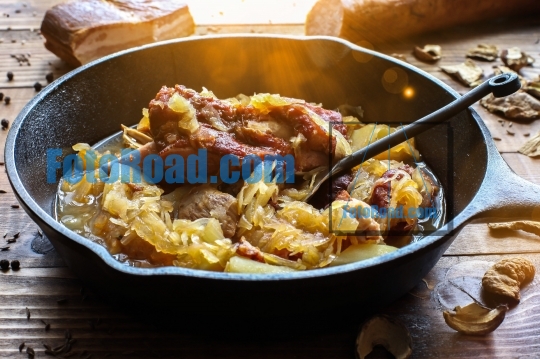 Traditional sauerkraut soup from Slovakia with smoked sausages, 