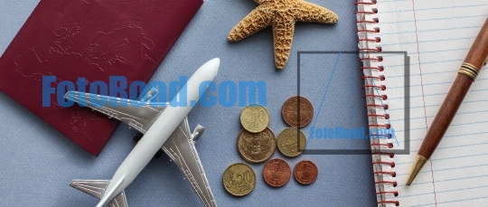 Travel background concept with airplane and other objects