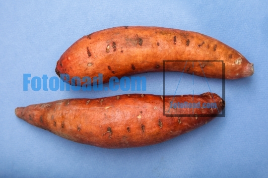 Two sweet potatoes on blue background