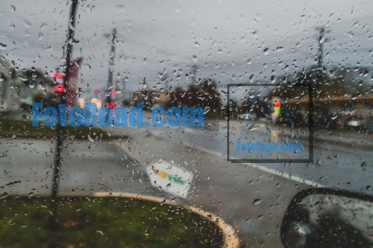 View from car windov in November rainy day