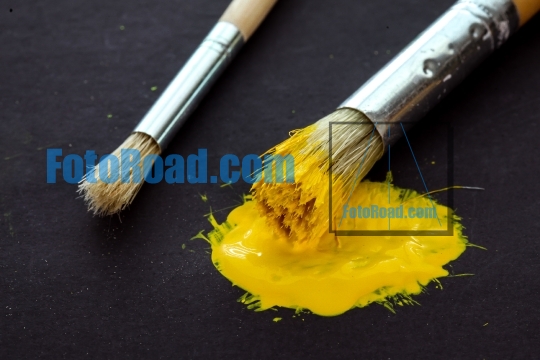 Artist brushes on black background with yellow paint
